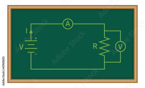 Ohm's law diagram. Battery and resistor circuit. Vector illustration isolated on white background.