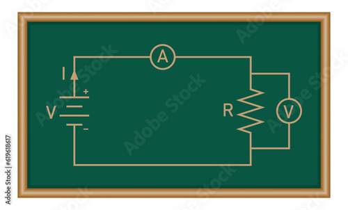 Ohm's law diagram. Battery and resistor circuit. Vector illustration isolated on white background.