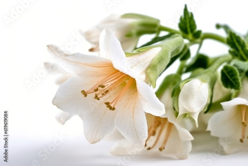 A closeup of a white campanula, also known as bellflowers, isolated on a white background. Selective focus. Good for garden design or landscaping.
