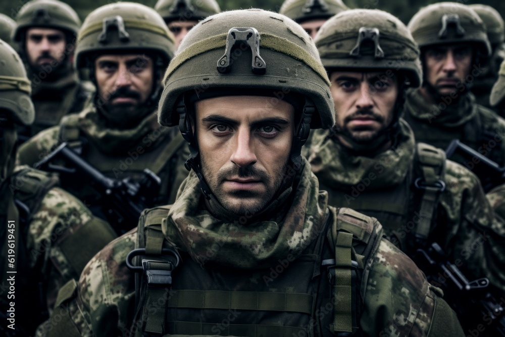 Portrait of a European army soldier in the ranks with selective focus. AI generated, human enhanced