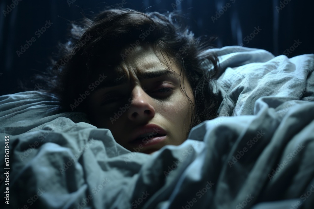 The woman is trying to sleep. The concept of insomnia. Background with selective focus and copy space The woman is trying to sleep. The concept of insomnia. Background with selective focus and copy space