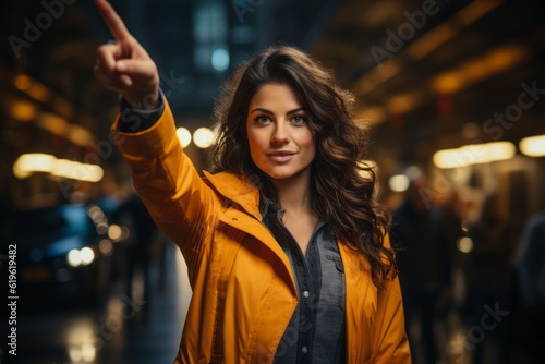 A woman hails a taxi on the street. AI generated, human enhanced