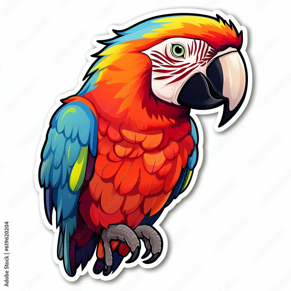 Fototapeta premium Colorful Macaw Parrot Sticker on White Background. Generative ai