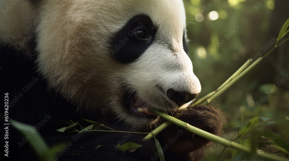 Naklejka premium beautiful panda bear in its natural habitat eating bamboo. Post-processed generative AI