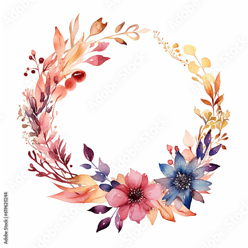 Watercolor Floral Wreath,  Vibrant Autumn Floral Mix, Ethereal Leaves and Branches, Wedding Card, Logo, Invitations, AI Generated.