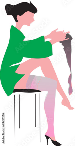 
seated woman sensually putting on stockings