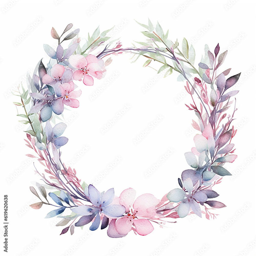Watercolor Floral Wreath, Soft Pastel Cherry Blossom Floral, Ethereal Leaves and Branches, Wedding Card, Logo, Invitations, AI Generated.