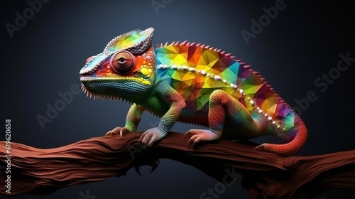 A vibrant chameleon perched on a branch in a lush tree © cac_tus