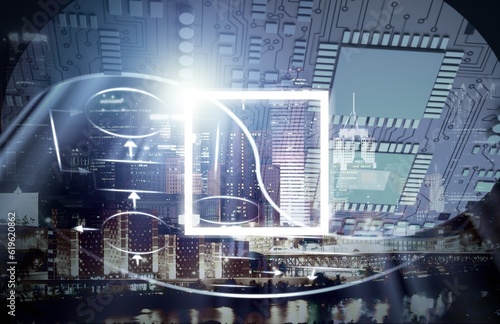Double exposure of artificial Intelligence and modern skyscrapers