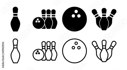 Bowling icon set illustration. bowling ball and pin sign and symbol.