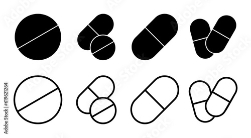 Pills icon set illustration. capsule icon. Drug sign and symbol