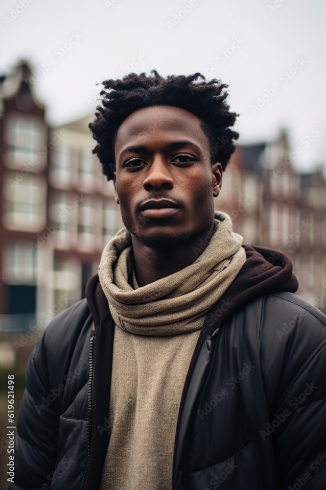 Young man of African origin in city of Amsterdam. AI-generated image. Young man of African origin in city of Amsterdam. AI-generated image.