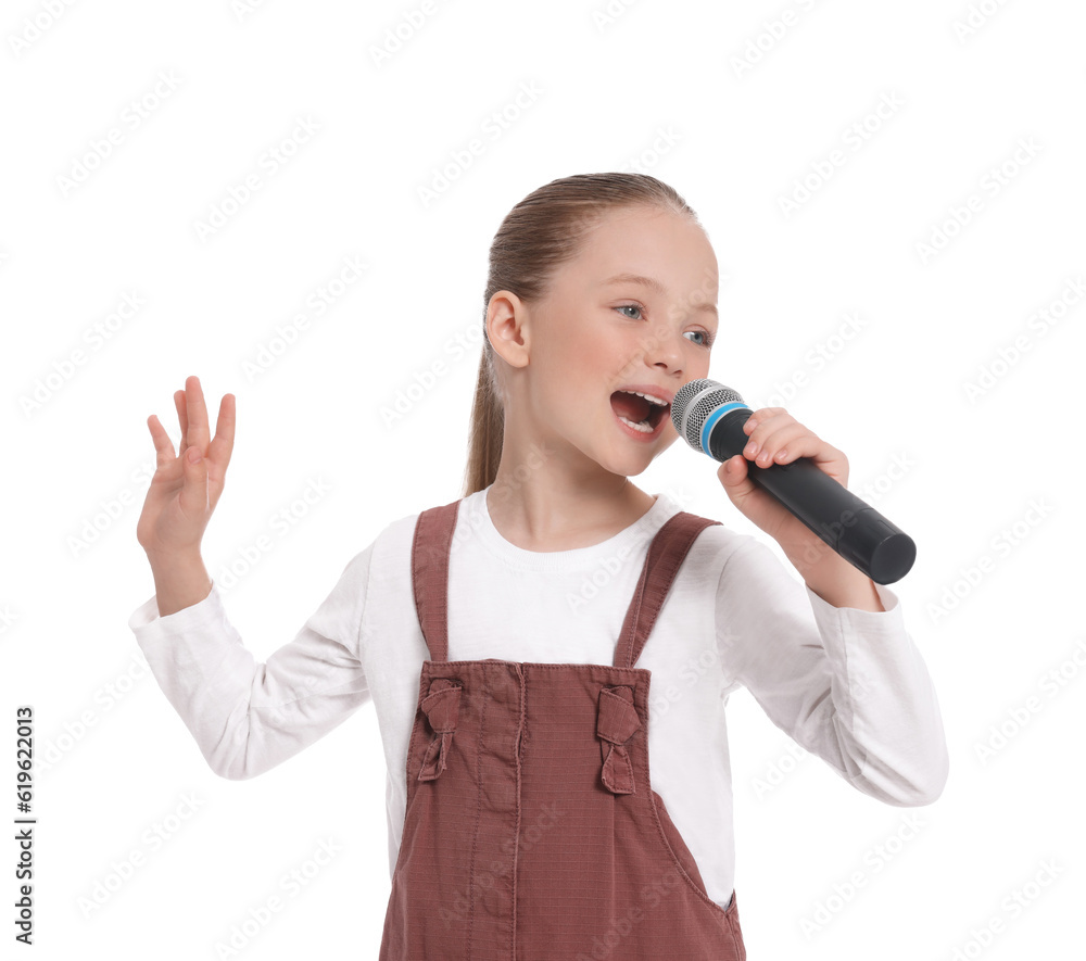 Cute little girl with microphone singing on white background Cute little girl with microphone singing on white background