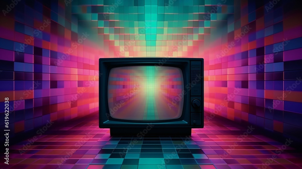 An old TV sitting in a room with colorful tiles An old TV sitting in a room with colorful tiles