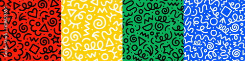 Set of fun colorful line doodle seamless pattern. Creative abstract art background collection for children or festive celebration design. Simple childish scribble wallpaper print texture bundle.	