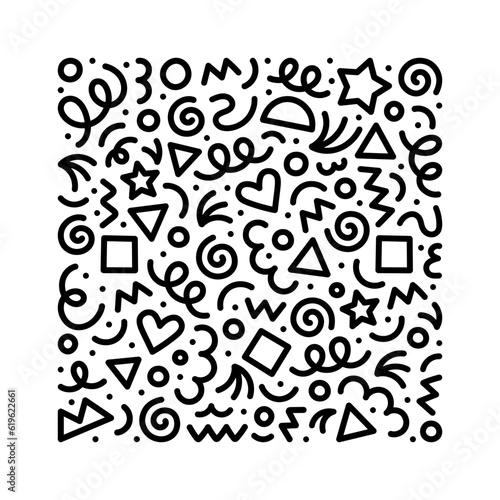 Fun black and white abstract line doodle square shape. Creative minimalist style art symbol set for children or party celebration with modern shapes. Simple upbeat drawing scribble decoration.