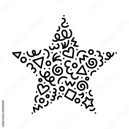 Fun black and white abstract line doodle star shape. Creative minimalist style art symbol set for children or party celebration with modern shapes. Simple upbeat drawing scribble decoration.
