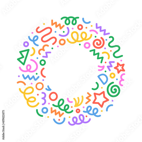 Fun colorful abstract line doodle circle shape. Creative minimalist style art round symbol for children or party celebration with modern shapes. Simple upbeat circular drawing scribble decoration.