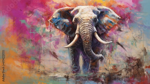 Elephant  form and spirit through an abstract lens. dynamic and expressive Elephant print by using bold brushstrokes  splatters  and drips of paint.  Elephant raw power and untamed energy