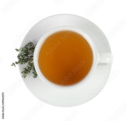 Aromatic herbal tea with thyme isolated on white, top view