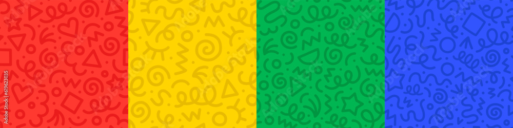 Set of fun colorful line doodle seamless pattern. Creative abstract art background collection for children or festive celebration design. Simple childish scribble wallpaper print texture bundle. Set of fun colorful line doodle seamless pattern. Creative abstract art background collection for children or festive celebration design. Simple childish scribble wallpaper print texture bundle.
