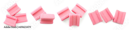 Set of tasty pink bubble gums on white background, top view