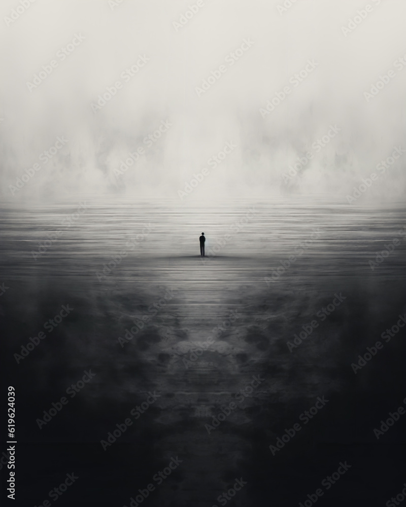 AI-generated metaphorical collage of a man walking on the beach. Being under the cloud of his thought and trying to find himself on a shifting sand of experience. Reflection on pursuit of happiness. AI-generated metaphorical collage of a man walking on the beach. Being under the cloud of his thought and trying to find himself on a shifting sand of experience. Reflection on pursuit of happiness.