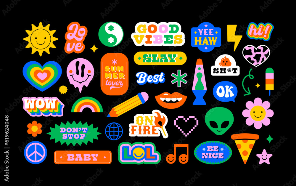 Colorful vintage label shape set. Collection of trendy retro sticker cartoon shapes. Funny comic character art and quote sign patch bundle. - obrazy, fototapety, plakaty 