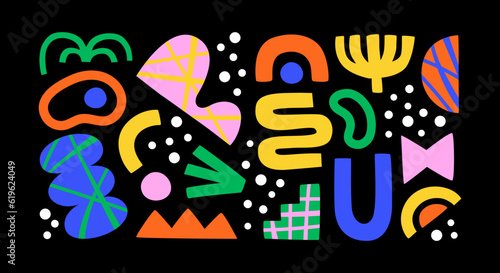 Set of colorful abstract shape doodle. Creative collage shapes collection. Funny drawing, geometric art on isolated background. Modern contemporary illustration cartoon bundle.