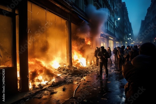 a documentary photo of revolutionary riots and protests. burning building and cars in the city. special force police with equipment catching protesters in the night. Generative AI