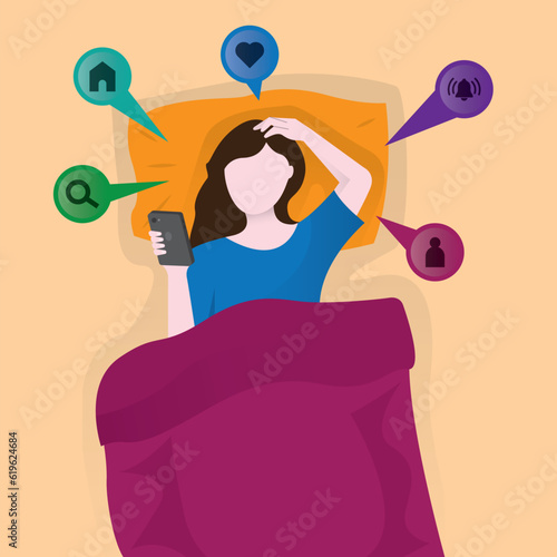 Girl in the bed with smart phone and checking social media notification, insomnia concept, sleeping.