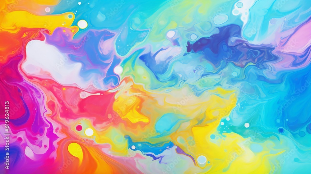 A vibrant and dynamic fluid painting with a playful display of colorful bubbles