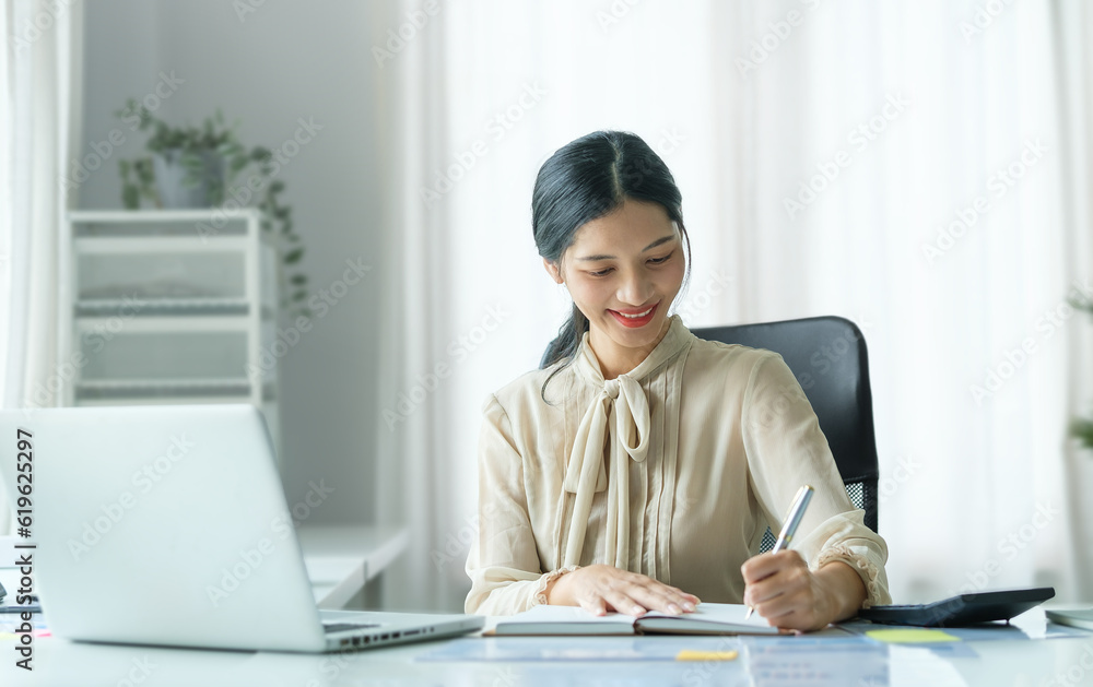 Businesswoman concentrated reading report at office desk. Businesswoman concentrated reading report at office desk.