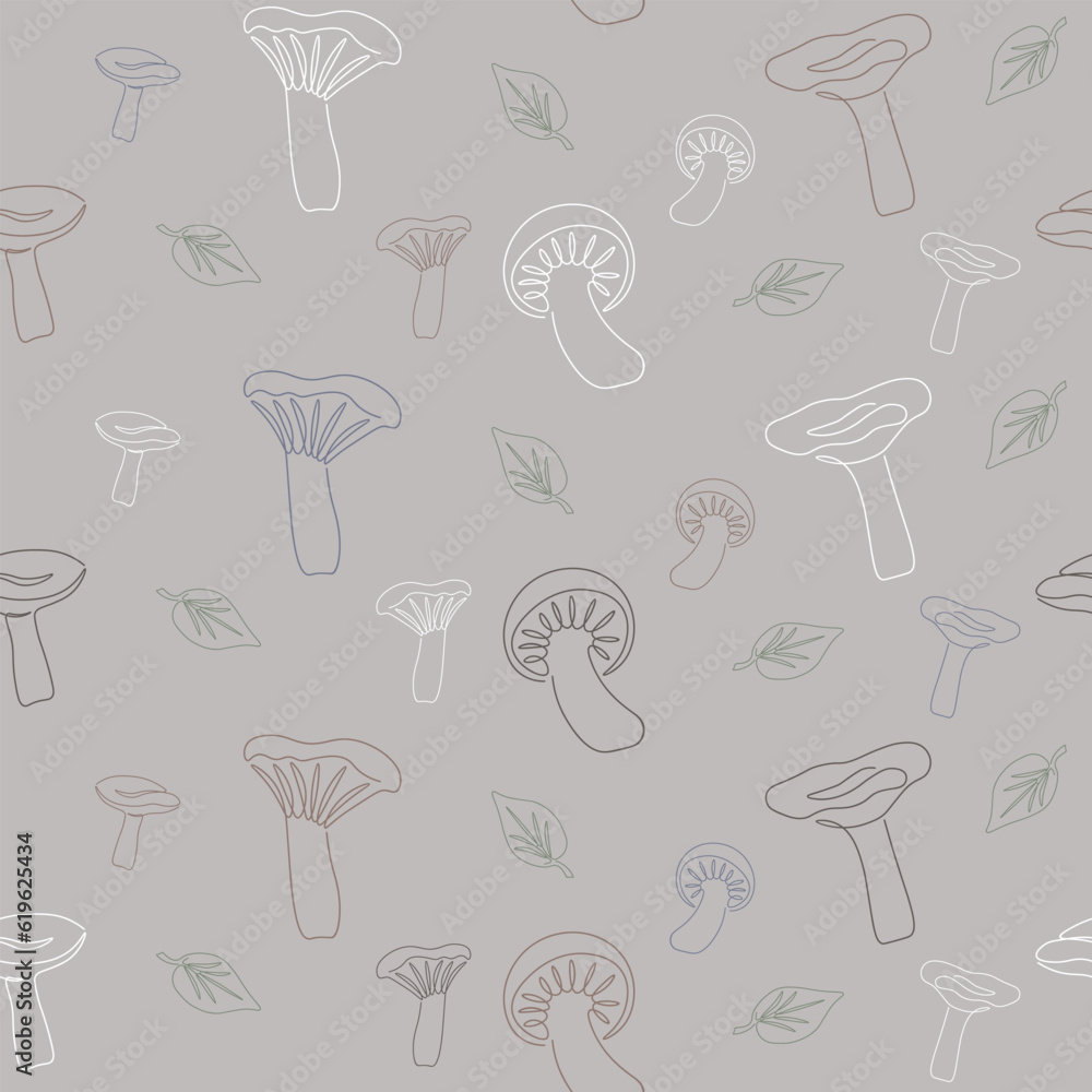 Mushrooms set continuous one in line art style on dark background seamless pattern Mushrooms set continuous one in line art style on dark background seamless pattern
