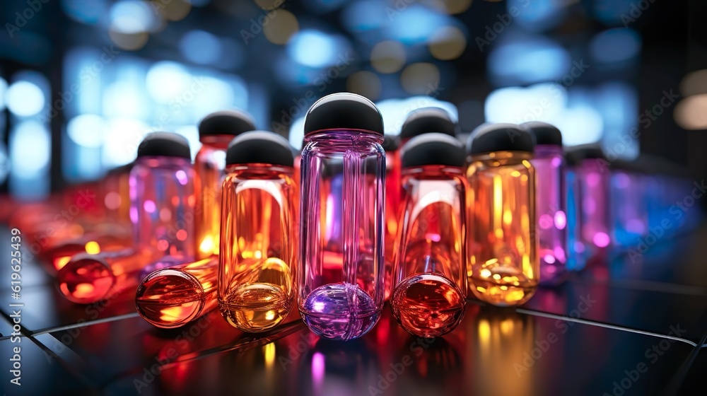 Colorful capsule drug medicine on glass jar with drop glass jar and blur background. Pharmacy health concept Colorful capsule drug medicine on glass jar with drop glass jar and blur background. Pharmacy health concept