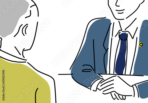 相談する男性と男性弁護士のシンプル線画イラスト
