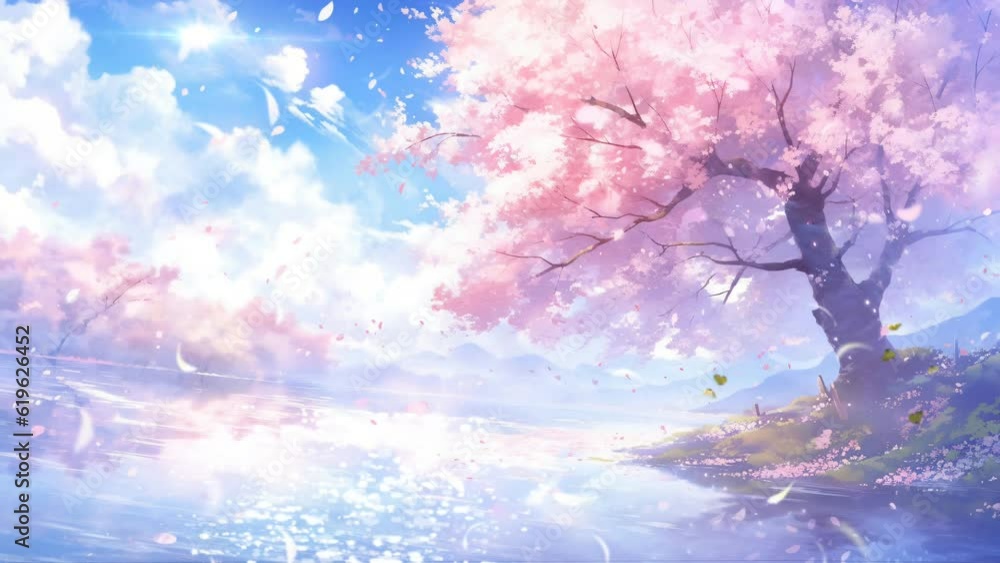 spring background with sakura. Wide angle. Sparkling water river. Cherry blossoms tree with butterflies. Cherry blossoms rain. 4k infinite loop animation footage. Japanese anime painting style
