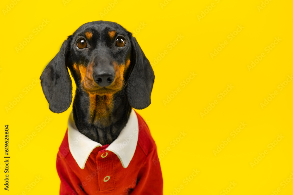 Portrait puzzled dog in red uniform looking upset. Student of private elite school, gifted child, genius. Dachshund puppy in bright clothes petshop advertisement. Image of silly pet of pupil