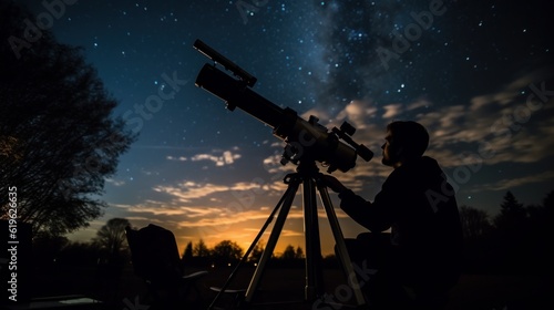 Foto a guy sitting outside and looking through a big telescope at the night sky full of stars