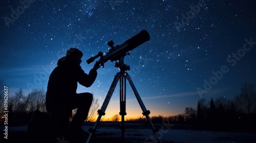 a guy sitting outside and looking through a big telescope at the night sky full of stars. Generative AI