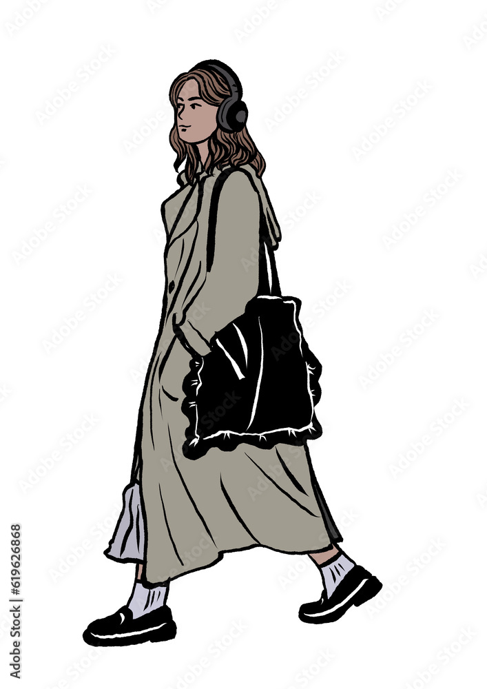 Naklejka premium Woman wearing headphones, music, walking, carrying bag, hand drawn, colored, isolated on white background