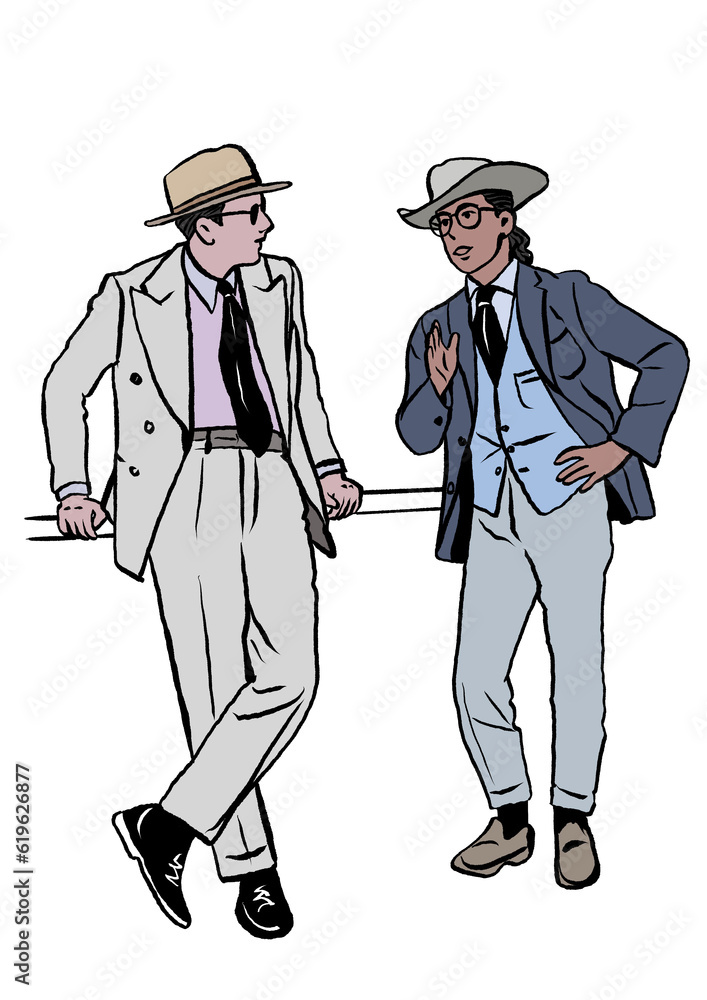 Two men in suits wearing cowboy hats are standing and talking. Hand drawn. Colored. Isolated on white background.