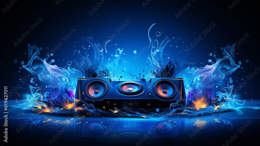Obraz premium Sound Multimedia Soundsystem Hifi Audio Soundbox Lautsprecher Membran abstrakt cyan blau Style im Querformat. Generative Ai. 