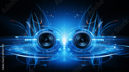 Sound Multimedia Soundsystem Hifi Audio Soundbox Lautsprecher Membran abstrakt cyan blau Style im Querformat. Generative Ai. 