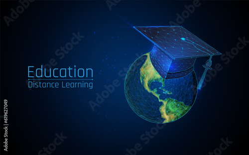 global learning, student cap on the planet, education, study concepts, vector illustration .eps 10, wireframe style