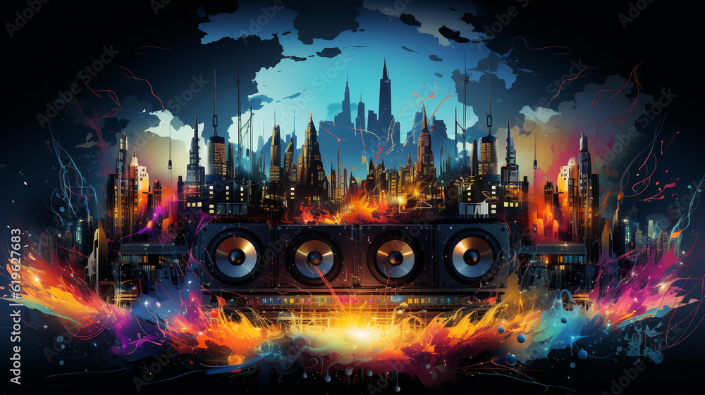 Fototapeta premium Sound Multimedia Soundsystem Hifi Audio Soundbox Lautsprecher Membran abstrakt bunter Style im Querformat. Generative Ai.