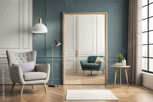 A beautiful canvas frame 3D mockup in modern living room, bed room, kitchen, bathroom interior, Created with AI