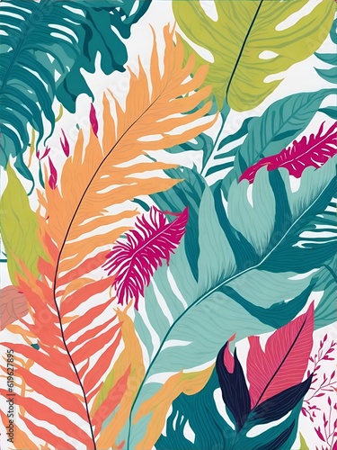 Abstract tropical leaf and flower wallpaper, portrait made with Generative AI.