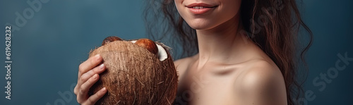 illustration portrait of a young pretty woman with a coconut isolated on blue background. Generative AI