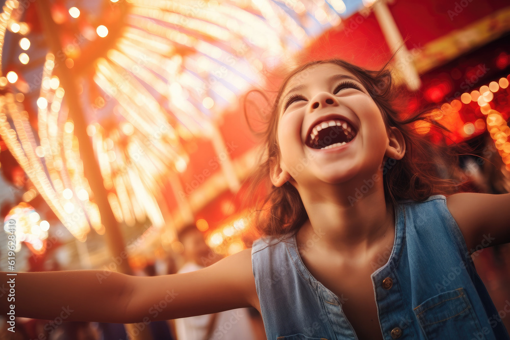 Young girl experiencing wonder and joy at a summer amusement park, captivated by the bright lights and thrilling rides during her fun-filled vacation, generative ai